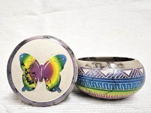 Native American Navajo Made Ceramic Fine Etched Horsehair Jewelry Box with Butterfly