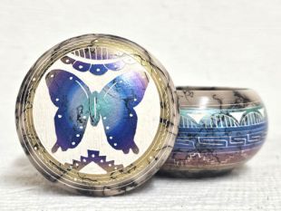 Native American Navajo Made Ceramic Fine Etched Horsehair Jewelry Box with Butterfly