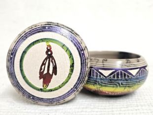 Native American Navajo Made Ceramic Fine Etched Horsehair Jewelry Box with Prayer Feather