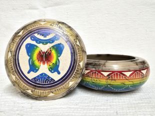 Native American Navajo Made Ceramic Fine Etched Horsehair Jewelry Box with Butterfly