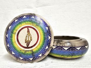 Native American Navajo Made Ceramic Fine Etched Horsehair Jewelry Box with Prayer Feather