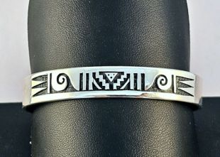 Native American Hopi Made Overlay Cuff Bracelet with Snow and Water