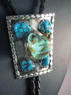 Native American Zuni Made Bolo with Bear in Turquoise