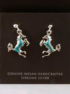 Native American Navajo Made Horse Earrings with Turquoise Inlay