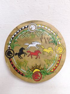 Native American Cherokee Made Painted Buffalo Drum with Horses and Medicine Plants