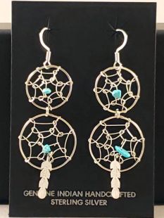 Native American Navajo Made Dreamcatcher Earrings with Turquoise Stone