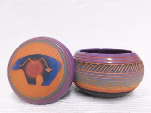 Native American Navajo Red Clay Small Round Jewelry Box with Bear