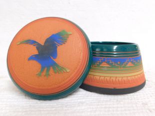 Native American Navajo Red Clay Small Round Jewelry Box with Eagle