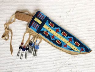 Native American Ojibwe Made Beaded Knife Sheath with Knife