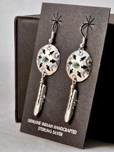 Native American Navajo Made Shield Earrings with Turquoise and Feather