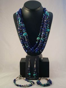 Vintage Native American Navajo Made Five-Strand Lapis, Turquoise and Heishe Necklace Set