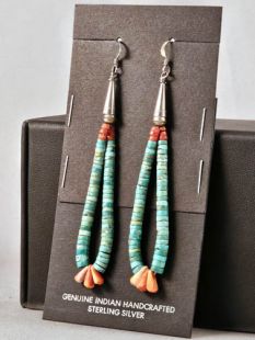 Native American Navajo Made Earrings with Coral, Spiny and Turquoise--Vintage