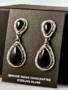 Native American Navajo Made Earrings with Onyx--Vintage 