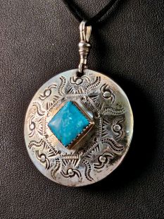 Native American Navajo Made Pendant with Turquoise--Reversible