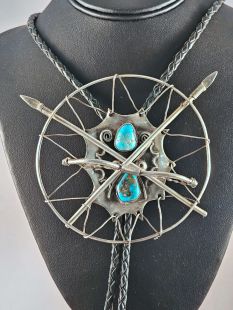 Native American Navajo Made Bolo with Bow, Crossed Arrows and Turquoise--Vintage