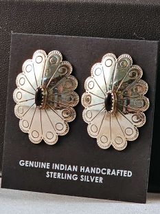 Native American Navajo Made Concha Earrings with Onyx--Vintage 