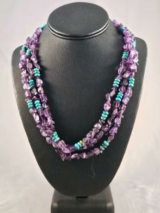 Native American Hopi Made Three-Strand Amethyst and Turquoise Necklace