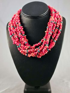 Native American Santo Domingo Made Six-Strand Spiny Oyster and Turquoise Necklace