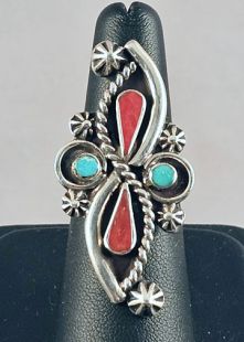 Native American Navajo Made Ring with Turquoise and Coral