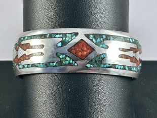 Vintage Native American Navajo Made Cuff Bracelet with Coral and Turquoise
