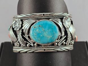 Native American Navajo Made Cuff Bracelet with Turquoise and Coral