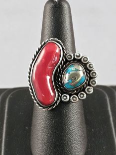 Native American Navajo Made Ring with Turquoise and Coral--Vintage