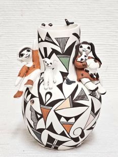 Native American Acoma Handbuilt and Handpainted Pot with Children and Animals
