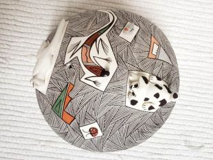 Native American Acoma Handbuilt and Handpainted Flat Seed Pot with Animals