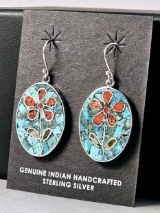 Native American Santo Domingo Made Multistone Earrings with Flower