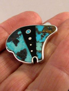 Vintage Native American Navajo Made Bear Pin with Turquoise and Jet