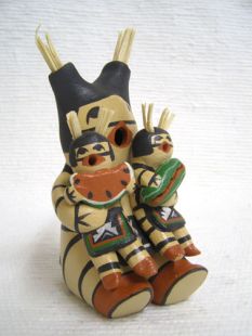 Native American Jemez Made Koshare Storyteller with Two Little Koshares with Watermelon
