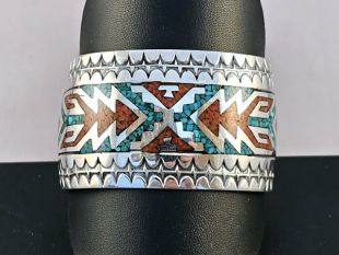 Vintage Native American Navajo Made Cuff Bracelet with Coral and Turquoise