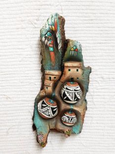 Native American Laguna Carved Longhair and Pots Wall Hanging Sculpture