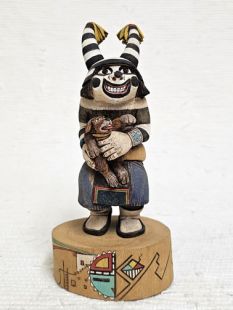 Native American Hopi Carved Clown Kachina Doll (Katsina Doll) Holding a Puppy