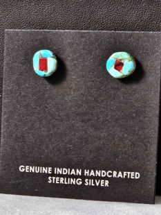 Native American Hopi Made Cottonwood Earrings with Turquoise and Coral