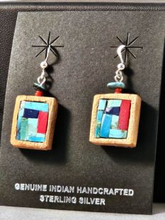 Native American Hopi Made Cottonwood Earrings with Turquoise, Lapis and Coral