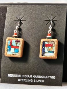 Native American Hopi Made Cottonwood Earrings with Turquoise, Lapis and Coral