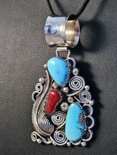 Native American Navajo Made Pendant with Coral and Turquoise 