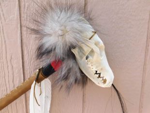 Native American Made Ceremonial Coyote Skull Rattle Dance Stick