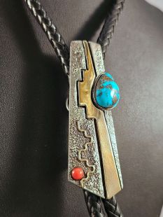 Native American Navajo Made Bolo with Turquoise and Coral