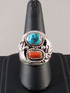 Native American Navajo Made Ring with Turquoise and Coral