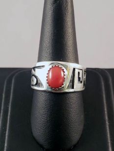 Native American Hopi Made Overlay Ring with Coral