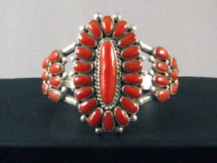 Native American Zuni Made Cuff Bracelet with Coral Blossom