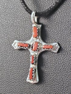Native American Zuni Made Cross with Coral