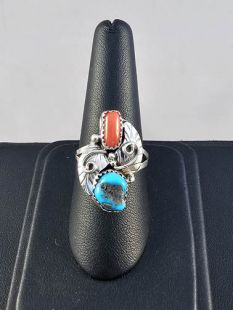 Native American Navajo Made Ring with Turquoise and Coral