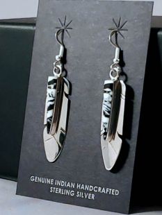 Native American Navajo Made Eagle Feather Earrings with White Buffalo