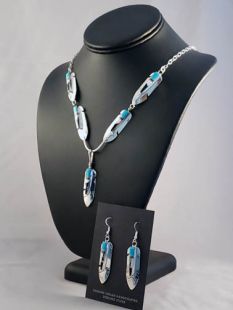 Native American Navajo Made Eagle Feather Necklace and Earrings with White Buffalo and Turquoise