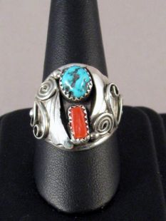Native American Navajo Made Ring with Turquoise and Coral