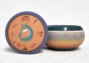 Native American Navajo Red Clay Small Round Jewelry Box with Kokopelli