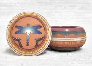 Native American Navajo Red Clay Small Round Jewelry Box with Dragonfly